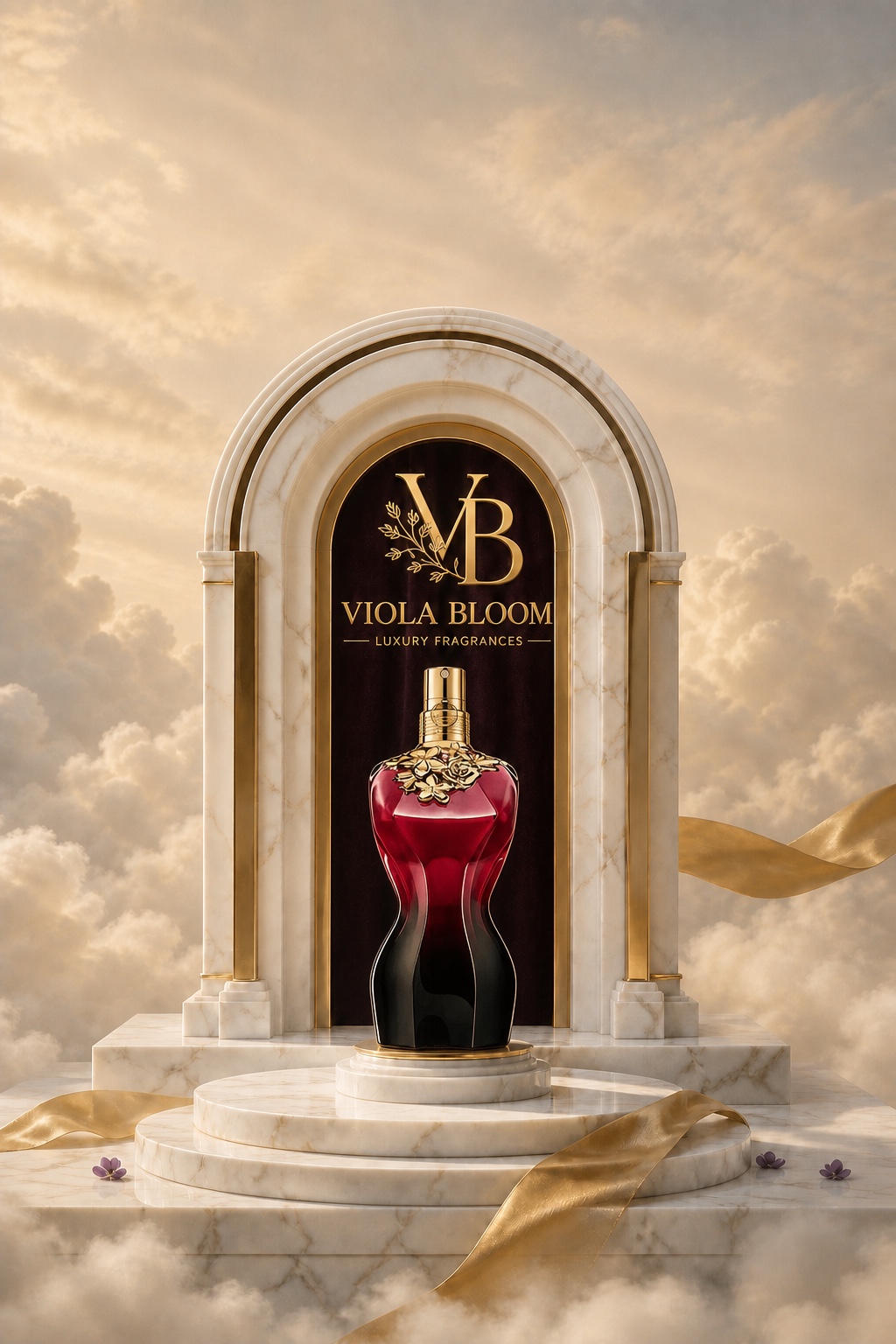 عطر جان بول غوتييه لا بيل لو بارفام إنتنس في واجهة رخامية تحمل شعار فيولا بلوم