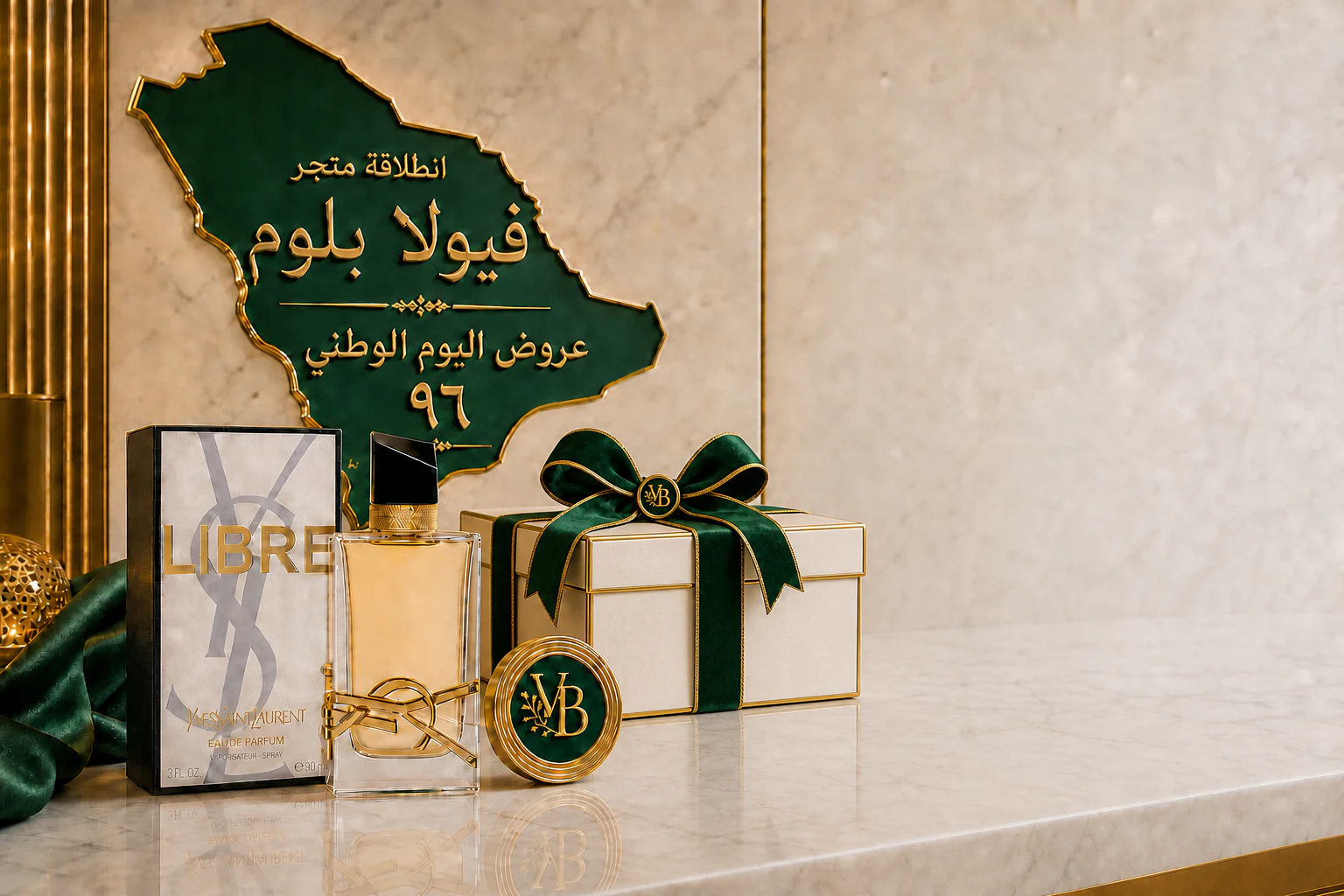 عطر ليبر من إيف سان لوران وصندوق هدية فاخر أمام خريطة المملكة بنقش ذهبي: انطلاقة متجر فيولا بلوم، عروض اليوم الوطني ٩٦
